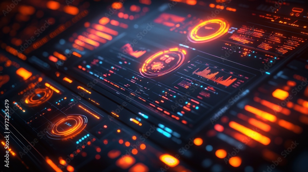 Futuristic digital dashboard displaying data analytics and metrics. Futuristic digital dashboard displaying data analytics and metrics.