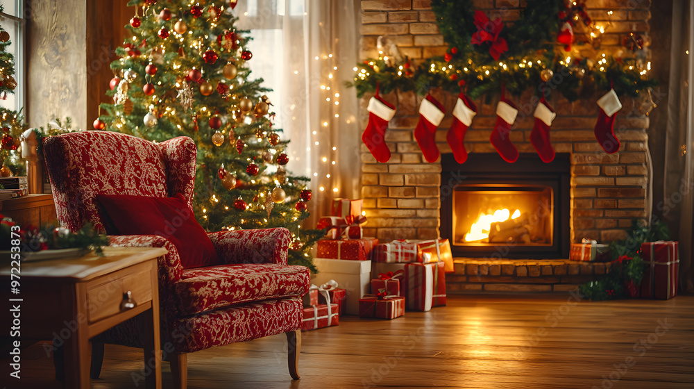 Cozy Christmas living room with glowing tree, lit fireplace, and rustic wooden table in warm festive ambiance Cozy Christmas living room with glowing tree, lit fireplace, and rustic wooden table in warm festive ambiance