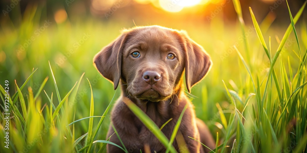 Close-up brown labrador retriever puppy in tall grass on sunny spring morning Close-up brown labrador retriever puppy in tall grass on sunny spring morning