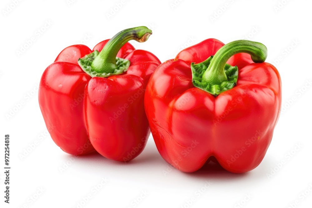 Two bright red peppers sit together on a surface Two bright red peppers sit together on a surface