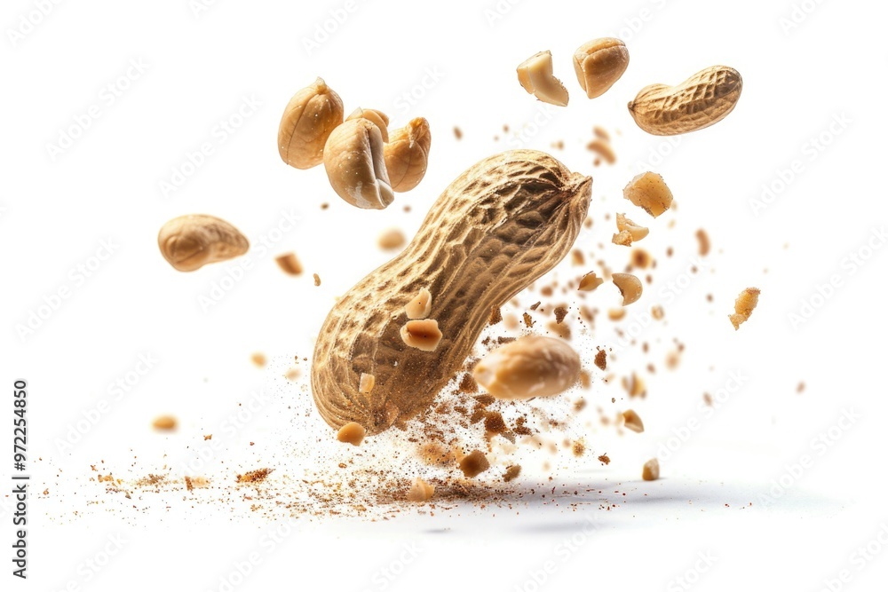 A close-up view of a peanut suspended in the air, ready for use
