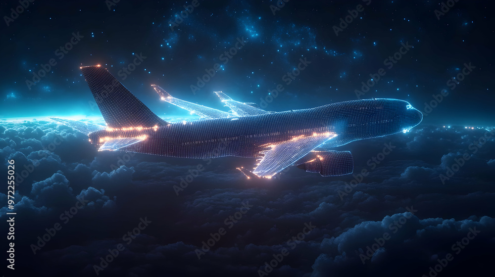 Fototapeta premium A Digital Airplane Soars Through the Night Sky Above Fluffy Clouds in a Glowing Wireframe Design