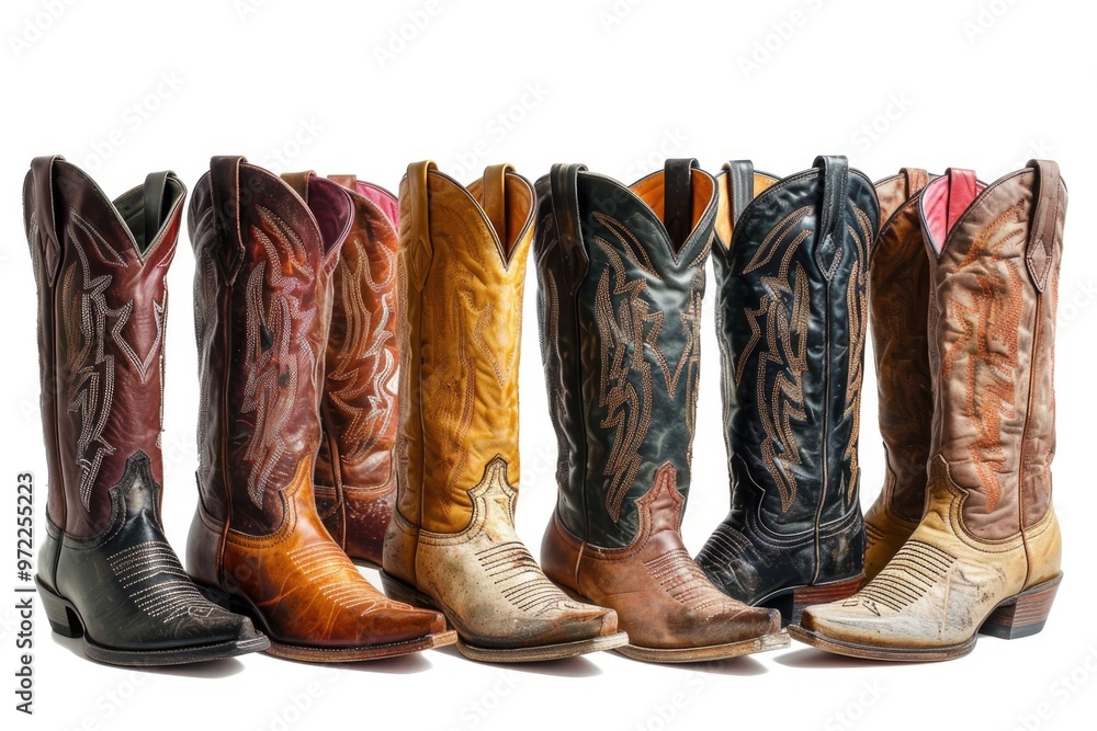 Row of cowboy boots on a plain white background, ideal for use in fashion or western-themed designs Row of cowboy boots on a plain white background, ideal for use in fashion or western-themed designs
