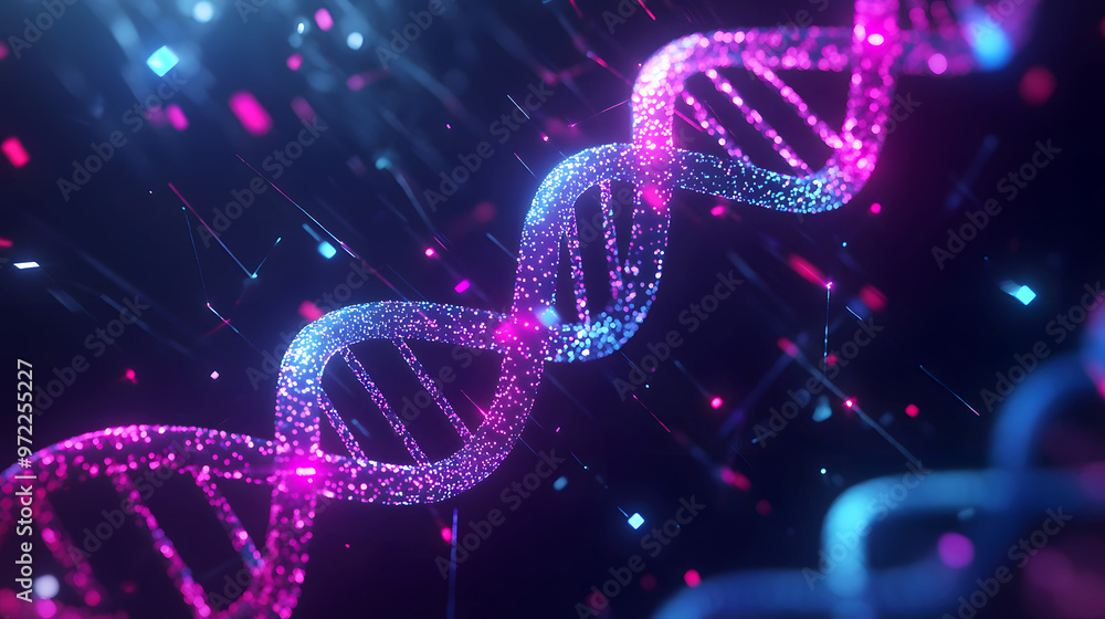 highly stylized representation of a DNA double helix, with vibrant lights and geometric shapes surrounding it, symbolizing the intersection of biology highly stylized representation of a DNA double helix, with vibrant lights and geometric shapes surrounding it, symbolizing the intersection of biology