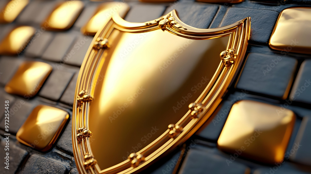 Golden Shield with Intricate Design Rests on a Black and Gold Tile Background Golden Shield with Intricate Design Rests on a Black and Gold Tile Background