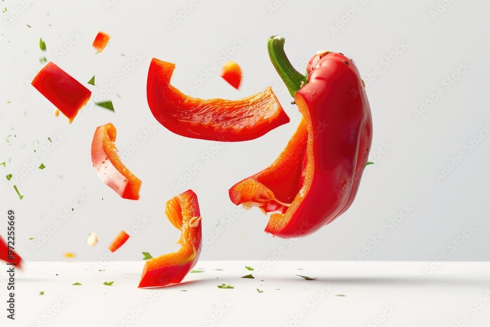 Fresh red pepper being sliced on a white surface Fresh red pepper being sliced on a white surface