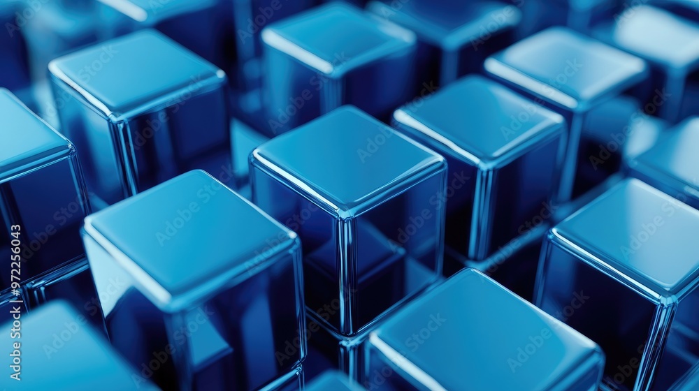A close-up shot of a grid of shiny, blue, metallic cubes. A close-up shot of a grid of shiny, blue, metallic cubes.