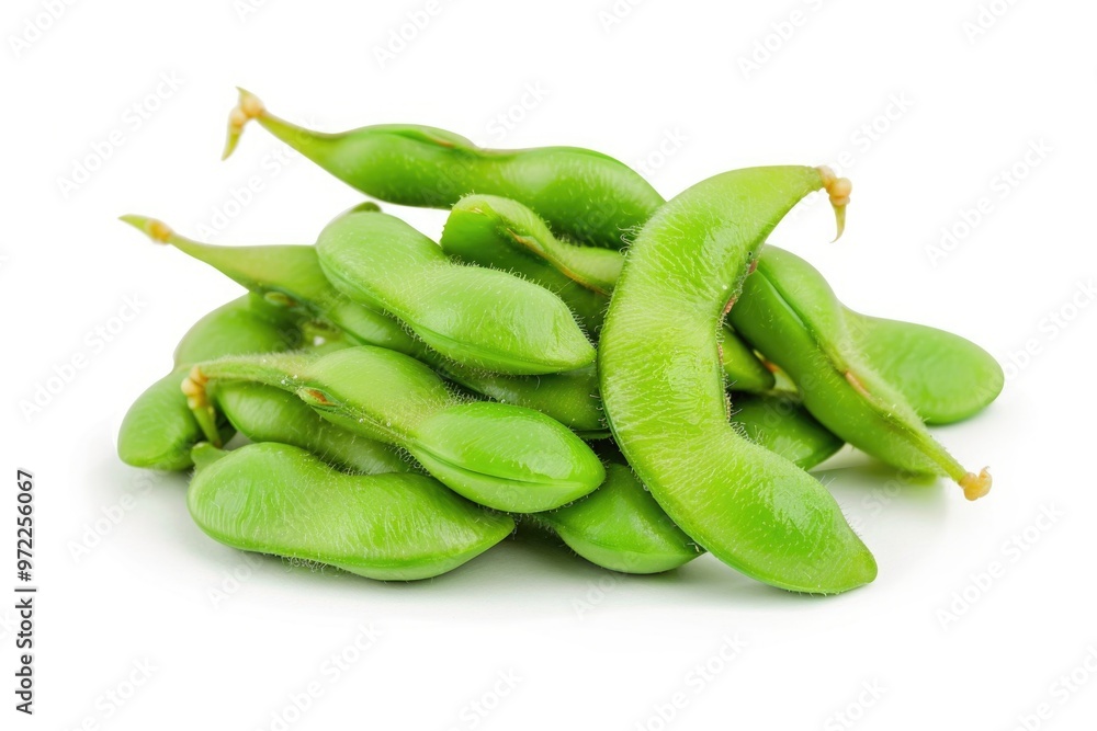 A stack of fresh green beans arranged on a clean white surface A stack of fresh green beans arranged on a clean white surface