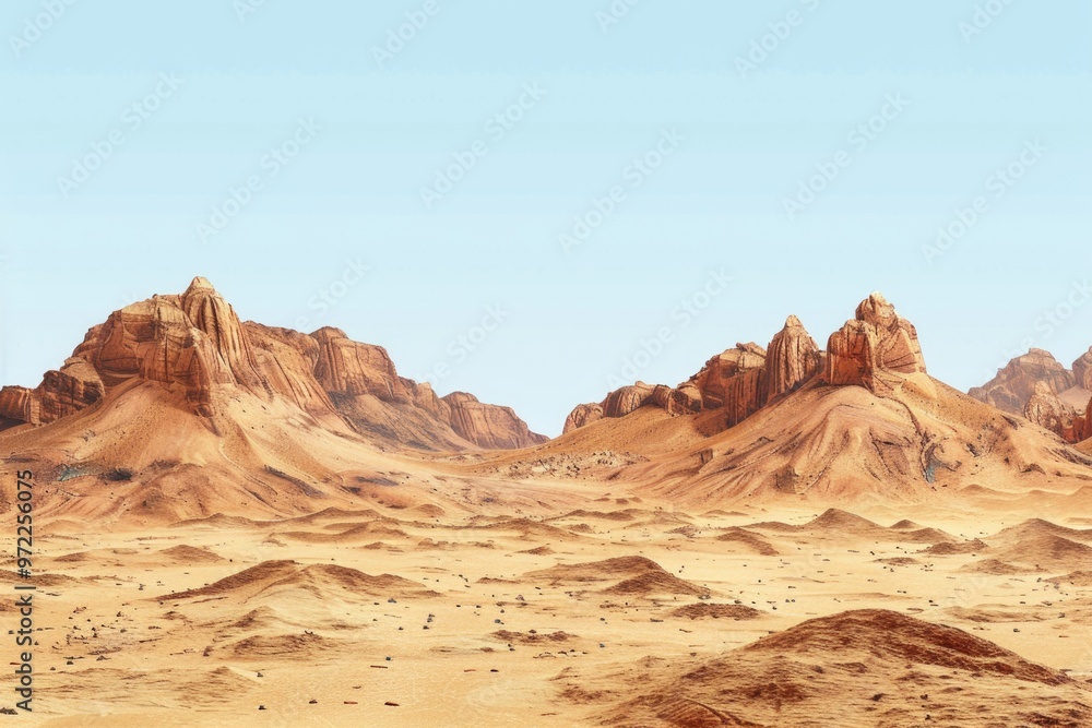 Naklejka premium A scenic view of a desert landscape with mountains in the background, ideal for use in travel and adventure projects