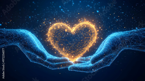 Abstract 3D Render of Two Digital Hands Holding a Glowing Heart Made of Light and Particles with Blue and Orange Color Scheme