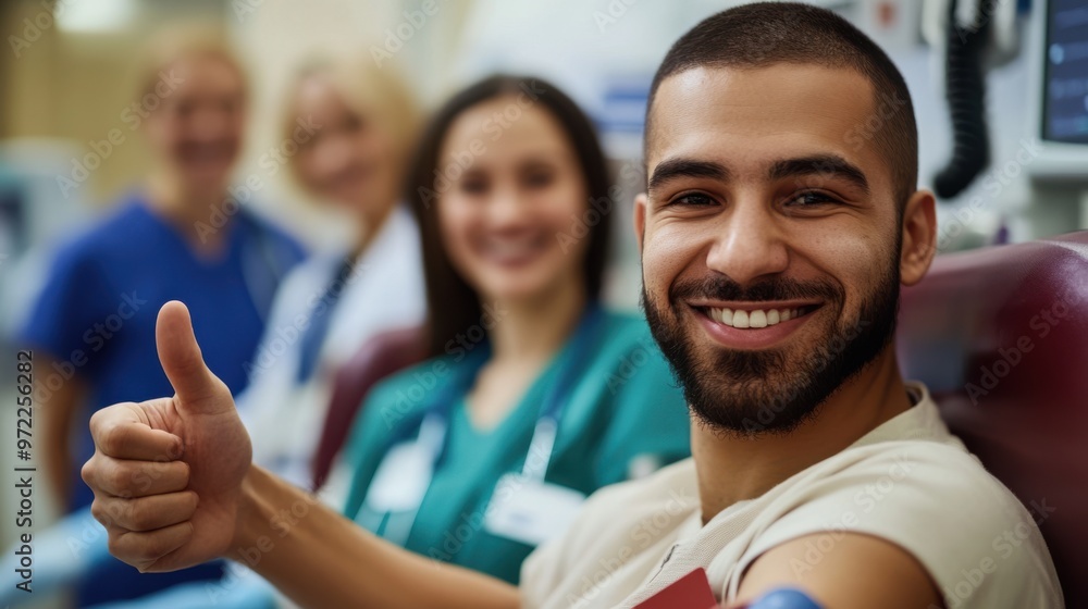 A donor giving a thumbs-up after completing their blood donation, with medical staff A donor giving a thumbs-up after completing their blood donation, with medical staff