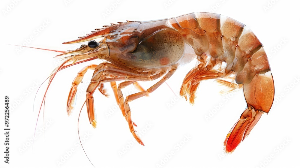 Close-up shot of a single shrimp on a white background Close-up shot of a single shrimp on a white background