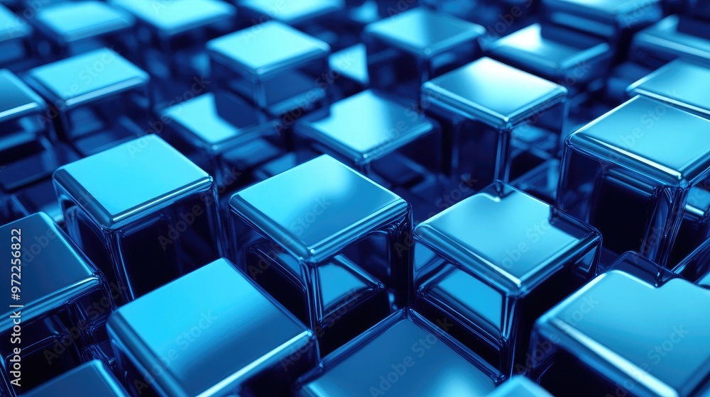 A close-up view of a field of shiny, blue, metallic cubes. A close-up view of a field of shiny, blue, metallic cubes.