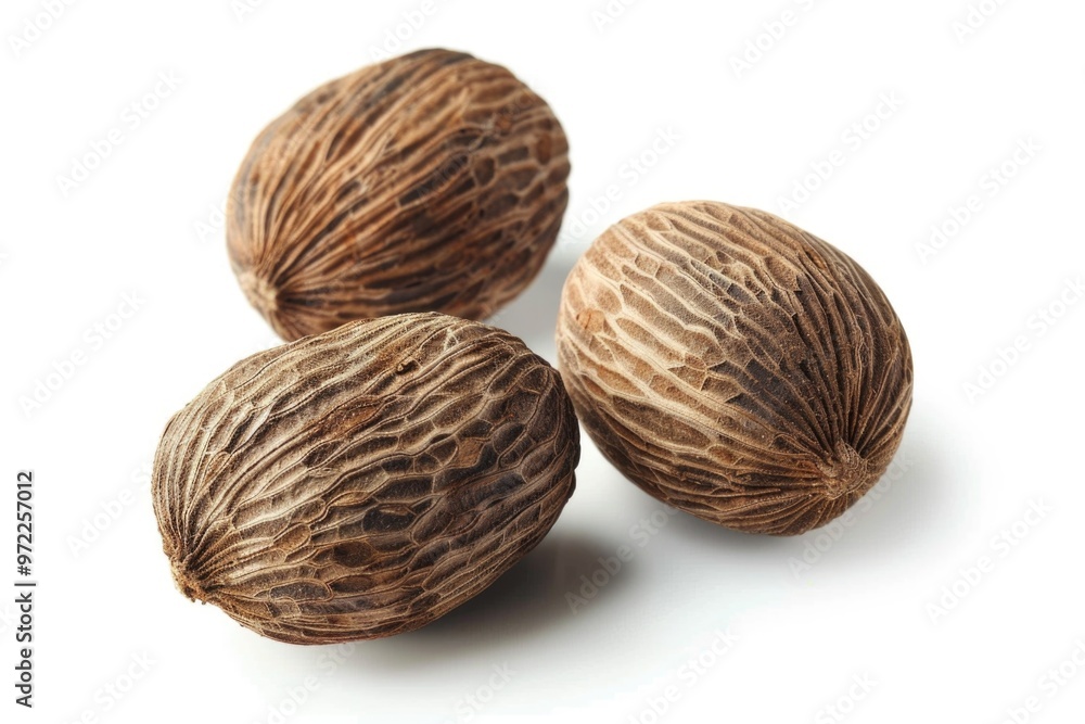 Close-up of three nutmeals seeds on a clean white surface, perfect for food or nature photography Close-up of three nutmeals seeds on a clean white surface, perfect for food or nature photography