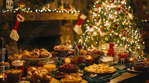 festive table with a lot of dishes near the Christmas tree