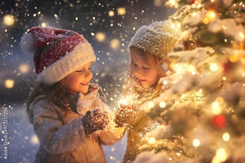 little girls happily play on the street near the Christmas tree in winter photo