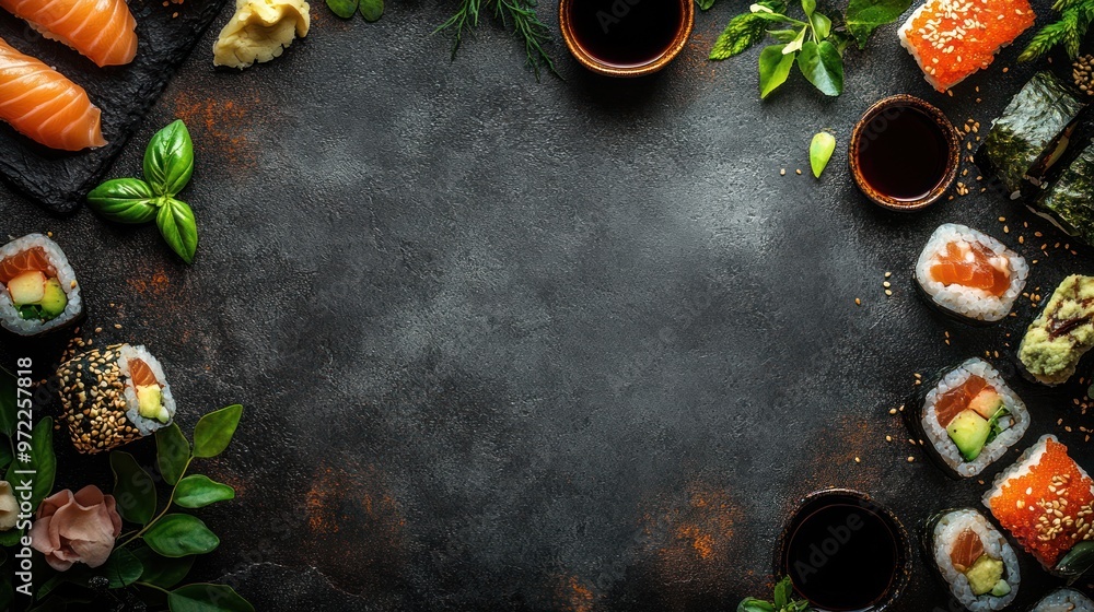 custom made wallpaper toronto digitalA vibrant sushi spread featuring various rolls, wasabi, and dipping sauces on a dark background.