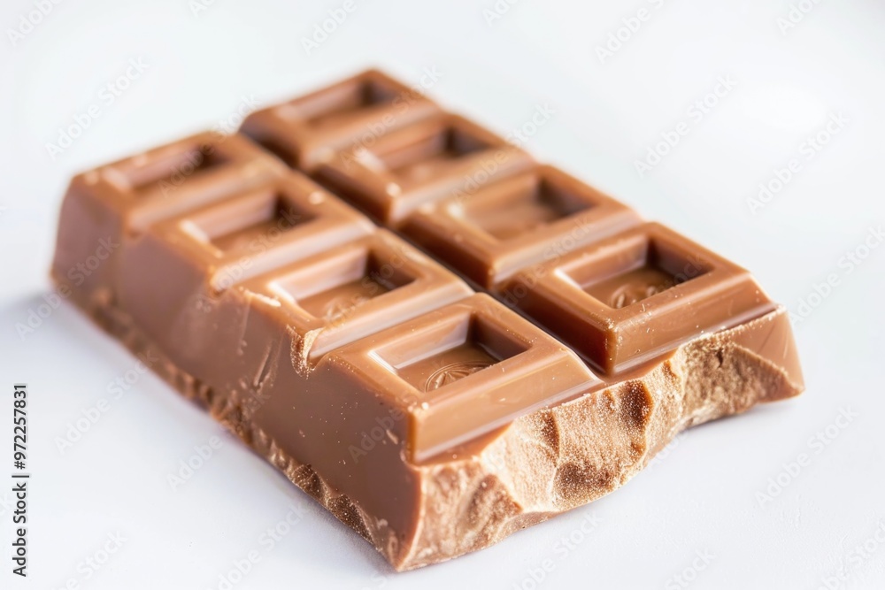 A piece of chocolate sits on top of a white table, ready for consumption A piece of chocolate sits on top of a white table, ready for consumption