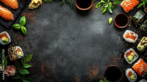 Wallpaper Mural A vibrant sushi spread featuring various rolls, wasabi, and dipping sauces on a dark background. Torontodigital.ca