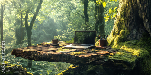 Tranquil forest workspace with laptop on moss-covered tree stump. A peaceful outdoor workspace deep in the forest, with a laptop, notebook, and coffee cup placed on a moss-covered tree stump