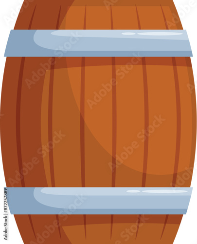 Wooden barrel standing up, crafted from wood and bound with metal rings, used for storing and aging alcoholic beverages