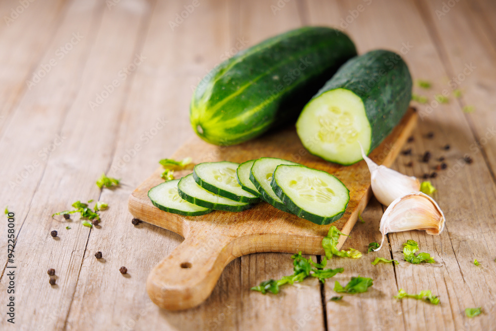Fresh cucumber slices on wooden board – healthy and nutritious option Fresh cucumber slices on wooden board – healthy and nutritious option