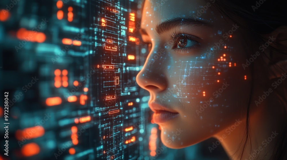 A futuristic close-up of a woman's face with digital overlays. A futuristic close-up of a woman's face with digital overlays.
