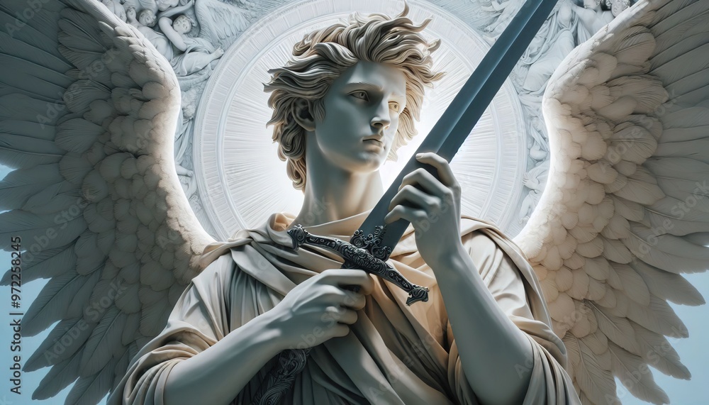 Obraz premium sculptural portrait of an angel with a sword in his hand, an angel ready to fight the forces of evil
