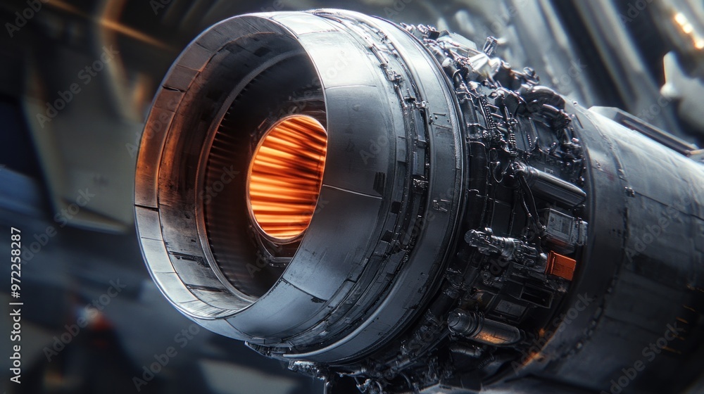 A close-up view of a futuristic jet engine showcasing intricate design and glowing components. A close-up view of a futuristic jet engine showcasing intricate design and glowing components.