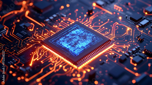 A Close-Up View of a Computer Chip with Glowing Orange Circuitry and a Blue Display of Binary Code on Its Surface