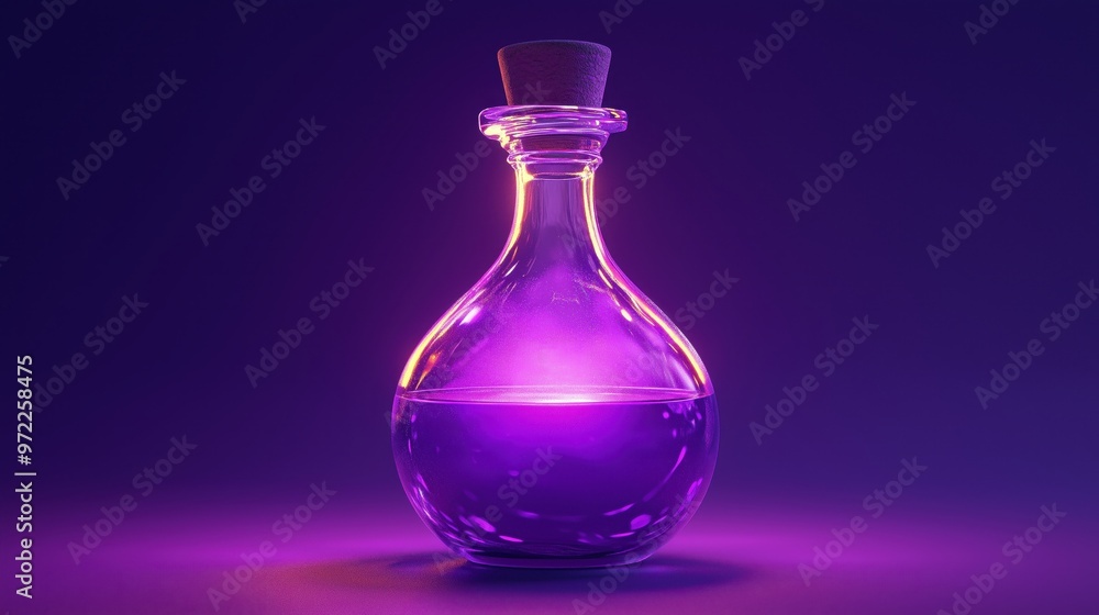 Glowing amethyst purple witch potion, transparent glass bottle, cork stopper, emitting magical light, dark Glowing amethyst purple witch potion, transparent glass bottle, cork stopper, emitting magical light, dark