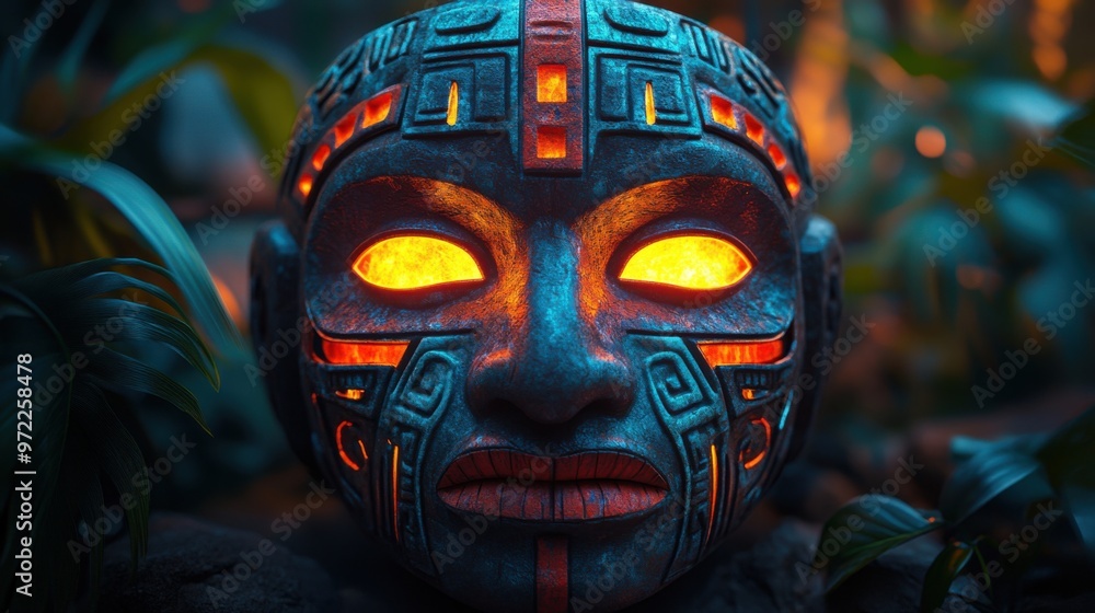 Glowing ancient tribal mask in lush jungle environment with orange eyes at dusk Glowing ancient tribal mask in lush jungle environment with orange eyes at dusk