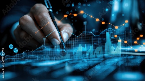 Close-up shot of an analytical working with the latest financial results Financial accounting sales forecast graphs analysis with hand writing , digital effect abstract for background , Generative AI.