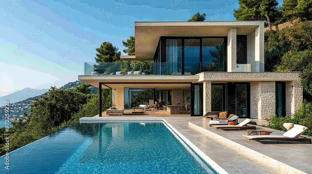 Fototapeta premium Modern Villa with Infinity Pool Overlooking a Coastal Landscape