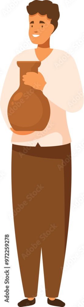 Potter is holding a large earthenware pot, smiling happily at the success of his work