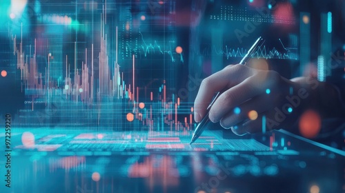 Close-up shot of an analytical working with the latest financial results Financial accounting sales forecast graphs analysis with hand writing , digital effect abstract for background , Generative AI.