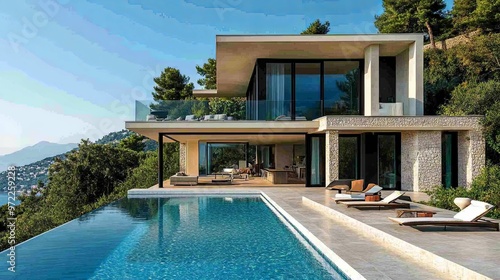 Modern Villa with Infinity Pool Overlooking a Coastal Landscape