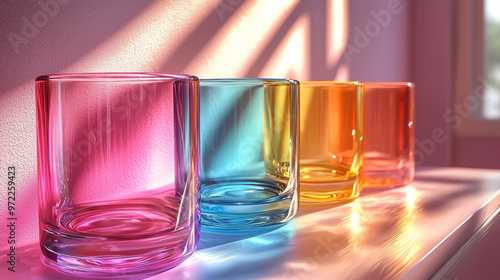 Colorful glass tumblers on a pink surface.