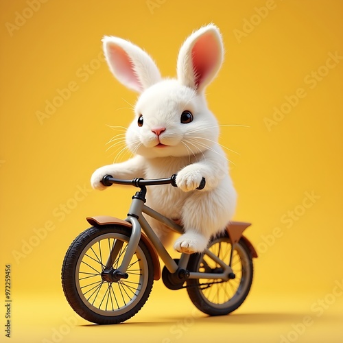 A 3d cute white bunny riding a bicycle on yellow background, animal character concept