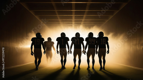 American football players walk onto the field.