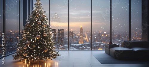 Fototapeta Naklejka Na Ścianę i Meble -  Modern Christmas Tree in Luxurious Penthouse Apartment with panoramic city views at Sunset