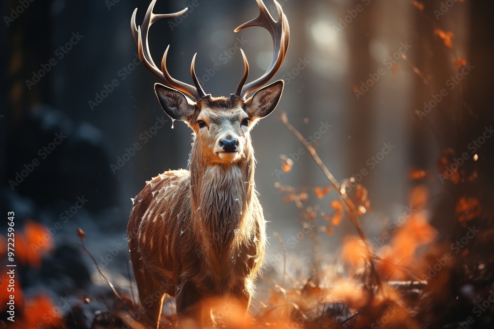 A beautiful red deer with big antlers in winter in the forest near the river on a foggy morning A beautiful red deer with big antlers in winter in the forest near the river on a foggy morning