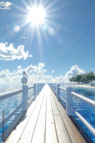 A serene pier extends into a crystal blue ocean under a bright sun, creating a tranquil escape full of natural beauty. photo