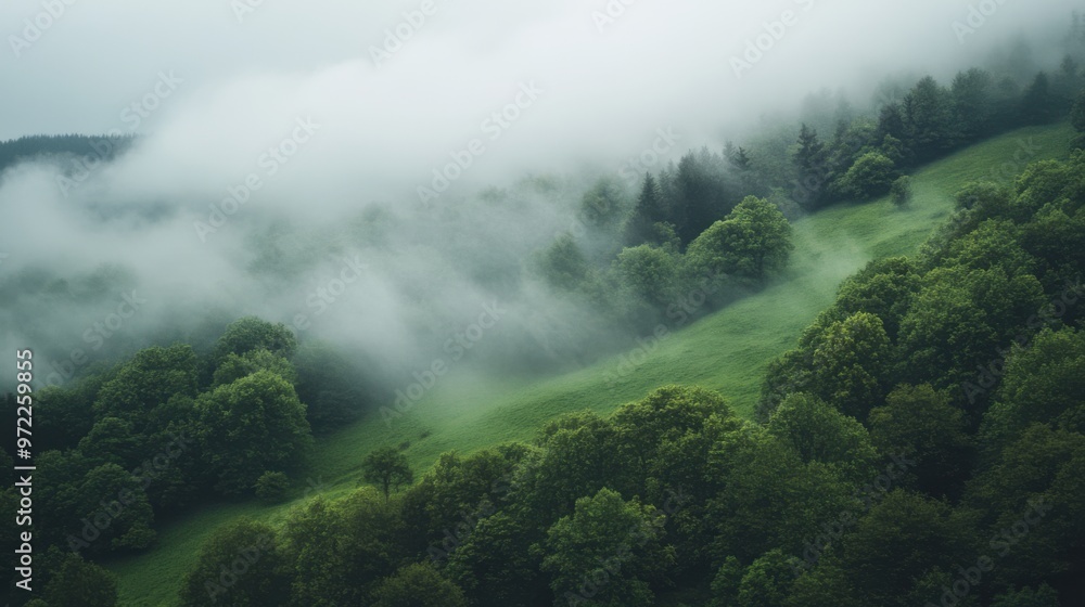 A foggy forest envelops a green hillside, creating a mysterious and serene atmosphere. A foggy forest envelops a green hillside, creating a mysterious and serene atmosphere.