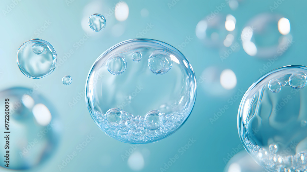 Hyaluronic acid bubbles in various sizes, gently rising through a clear liquid serum Hyaluronic acid bubbles in various sizes, gently rising through a clear liquid serum