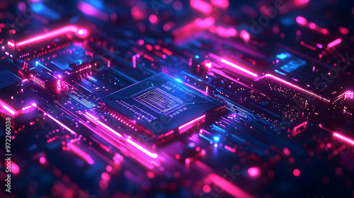 Abstract 3D Illustration of a Futuristic Circuit Board with Neon Lights