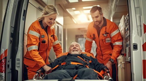 Paramedics Assisting Smiling Patient in Ambulance. Two paramedics in orange uniforms smile as they assist an elderly patient on a stretcher inside an ambulance, creating a positive rescue experience.