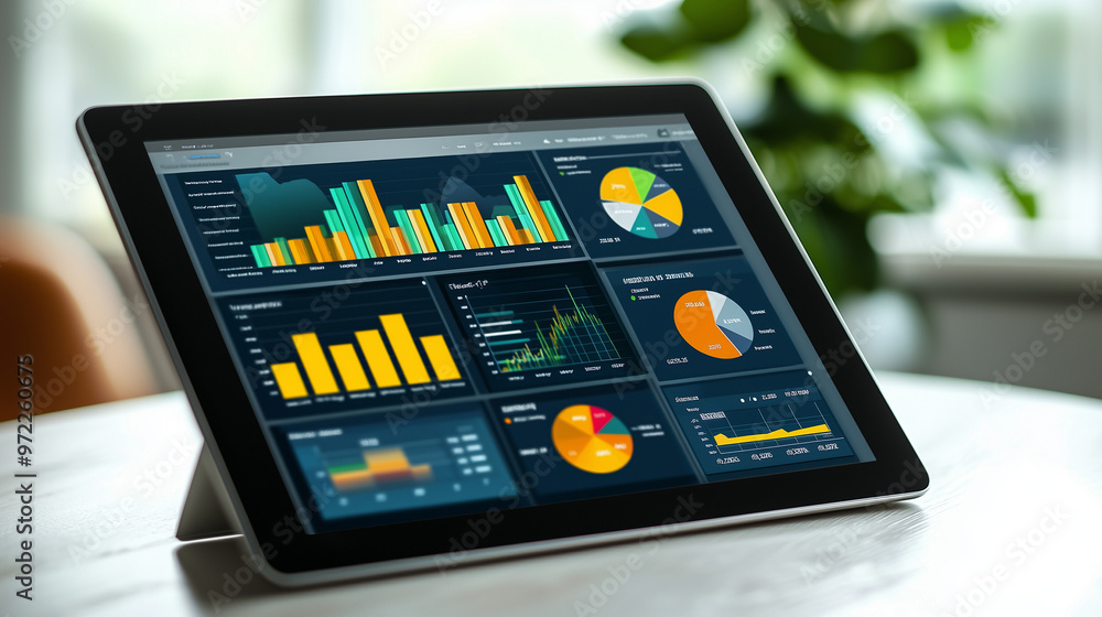 A digital tablet displaying a business dashboard with graphs and statistic A digital tablet displaying a business dashboard with graphs and statistic