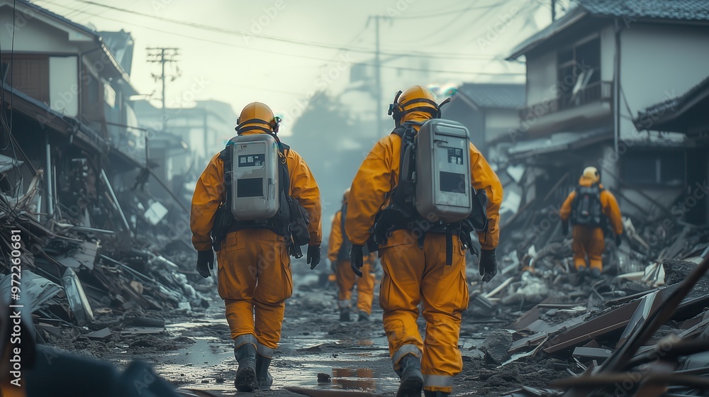 Rescue Workers Surveying Damage in Disaster Zone. Group of rescue workers, wearing yellow protective suits and backpacks, walk through a severely damaged neighborhood after a natural disaster. Rescue Workers Surveying Damage in Disaster Zone. Group of rescue workers, wearing yellow protective suits and backpacks, walk through a severely damaged neighborhood after a natural disaster.