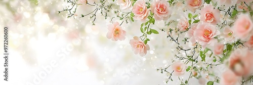 Bright intrior with romantic floral thms and a srn whit backdrop. photo